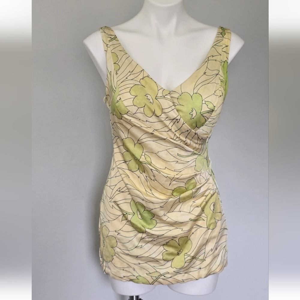 Vintage 60s Sandcastle Swimsuit, Zipper Pinup Girl Style, Green Floral, 1 Piece